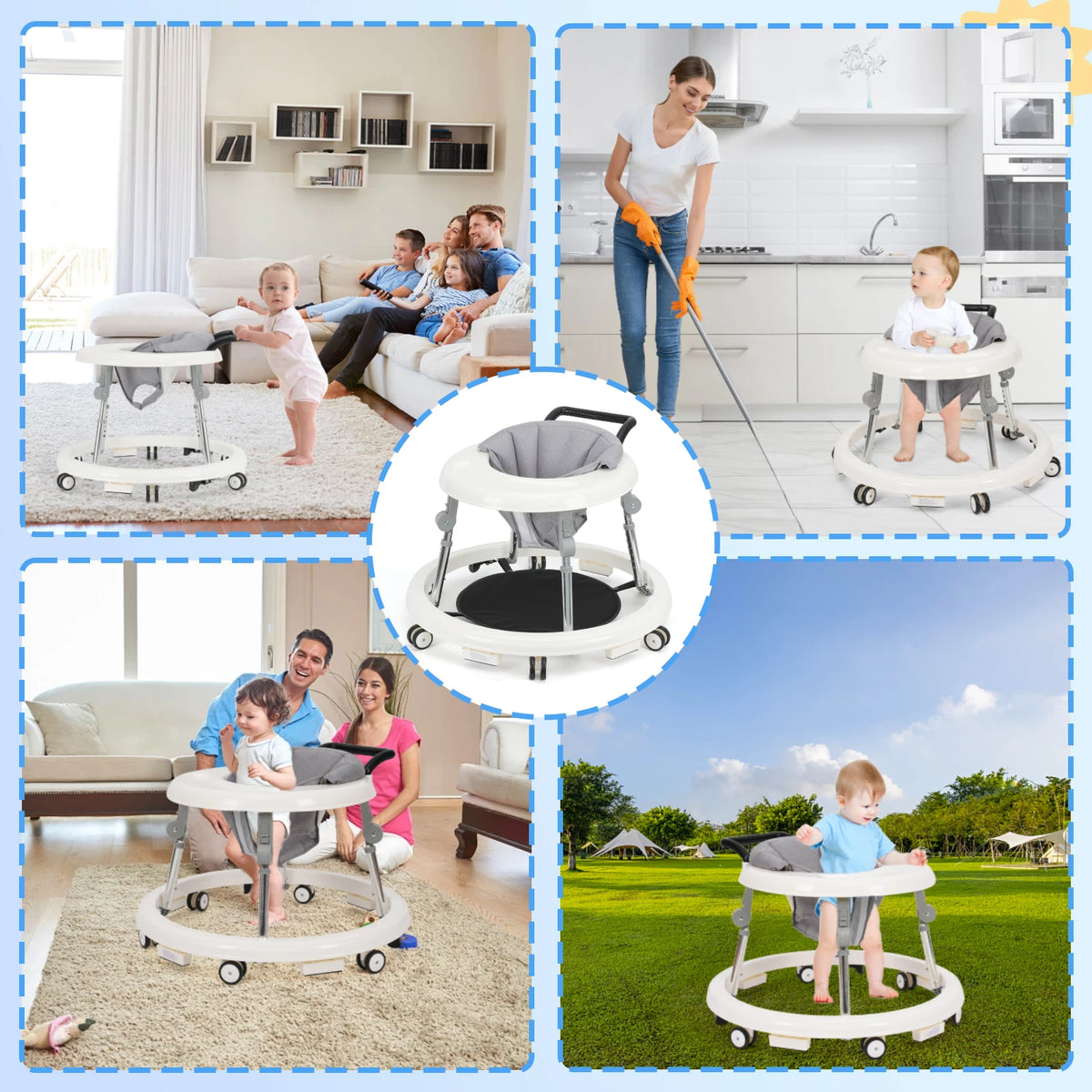Stable Baby Walker With Adjustable Height And Foldable Activity Tray