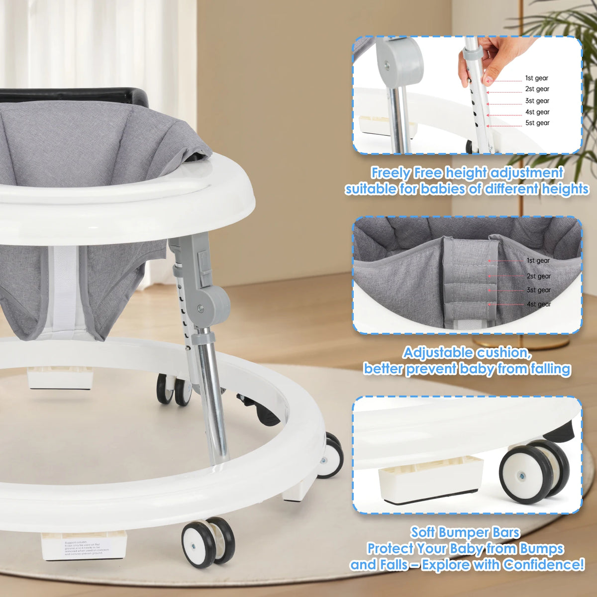 Stable Baby Walker With Adjustable Height And Foldable Activity Tray