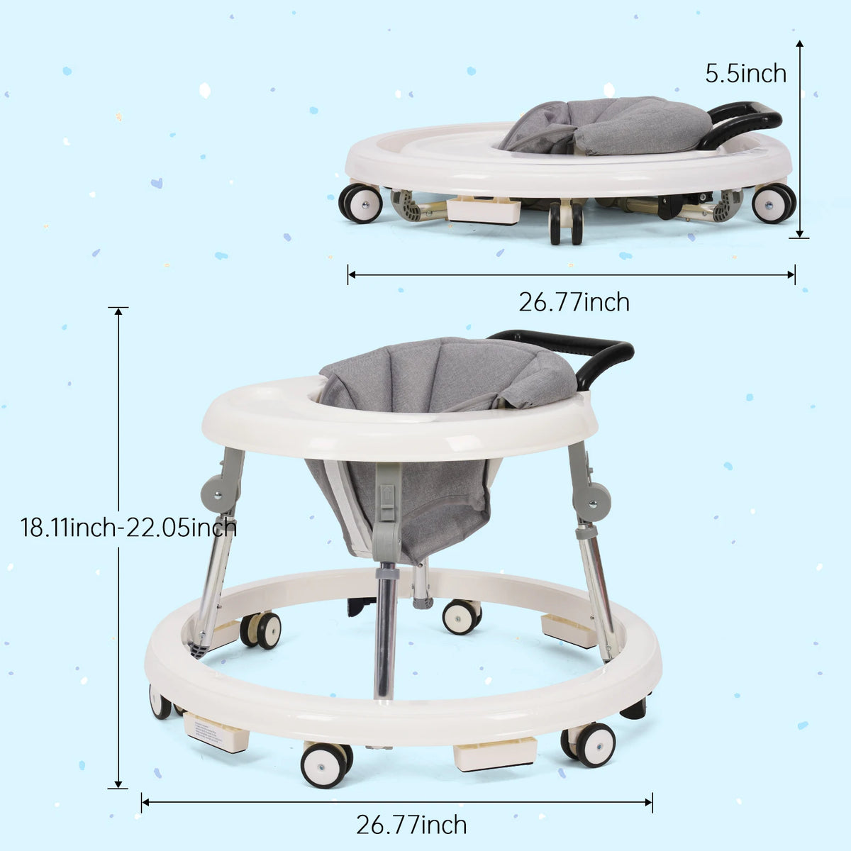 Stable Baby Walker With Adjustable Height And Foldable Activity Tray