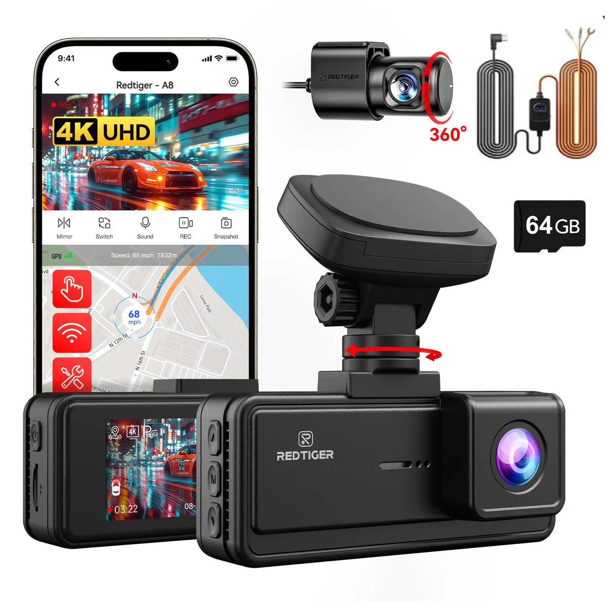 Redtiger 4K Front And Rear Dash Camera With Wifi Gps