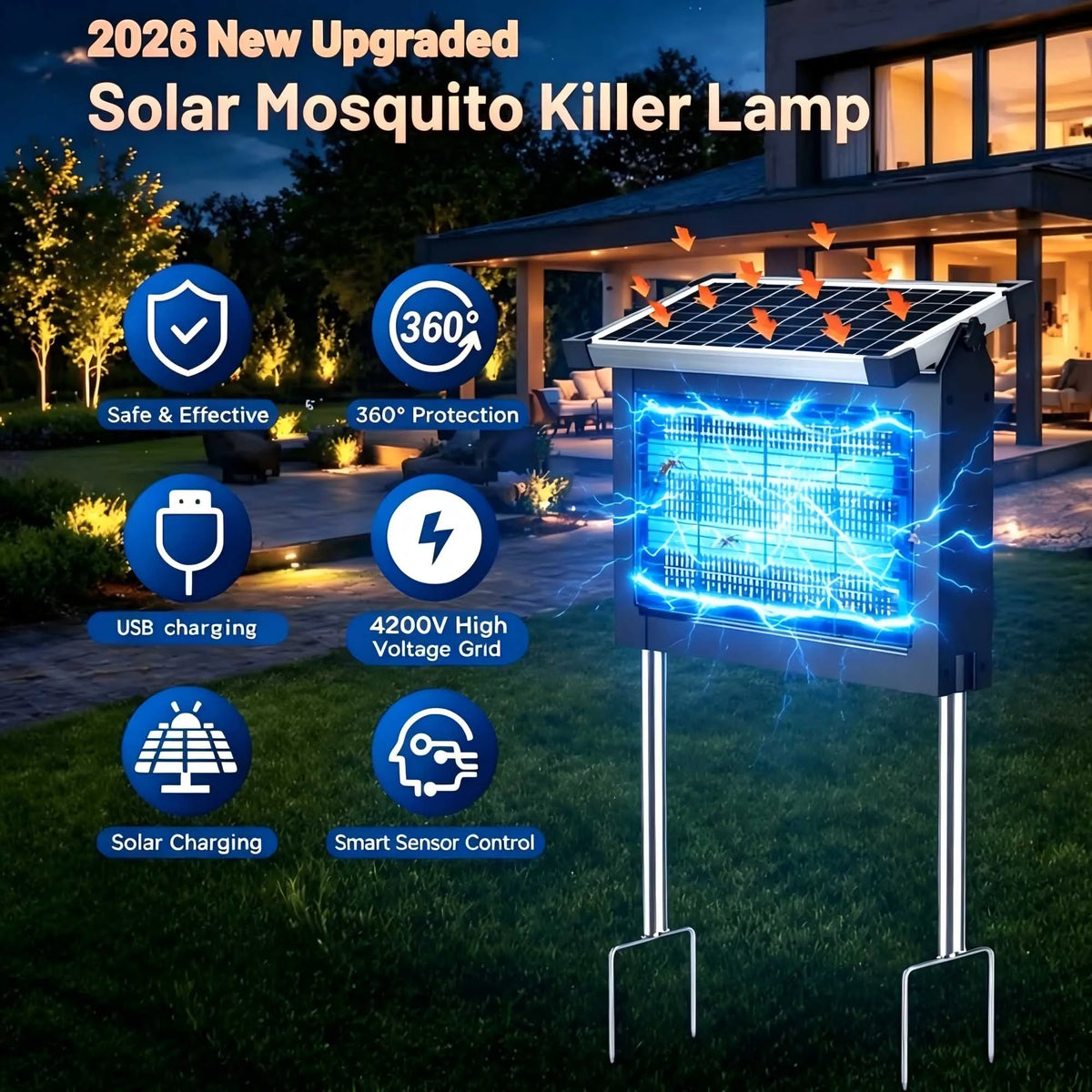 Solar Bug Zapper Outdoor Waterproof 4500V Electric Mosquito Trap Garden