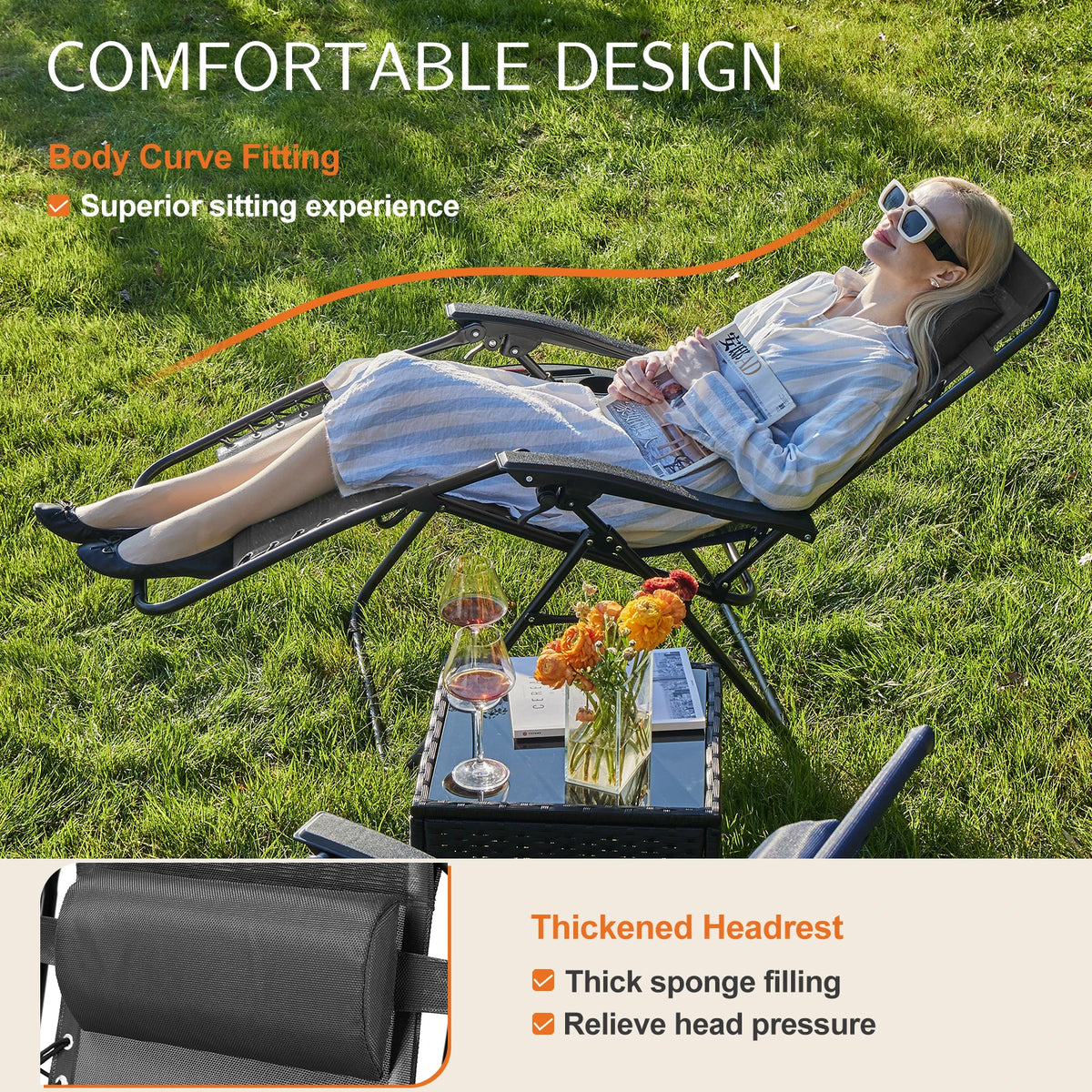 JHK Zero Gravity Portable Recliner Outdoor Lounge Chair With Pillow