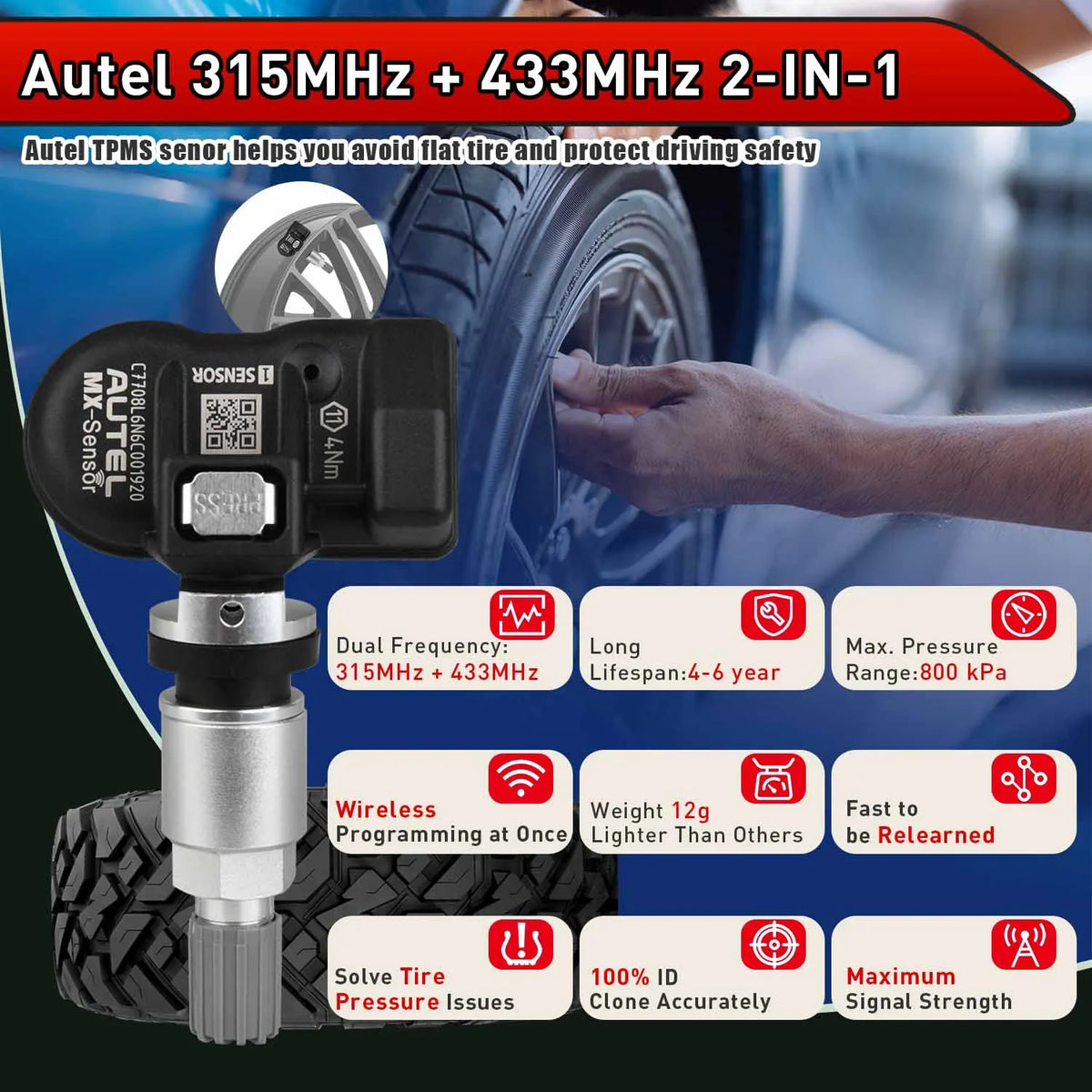 Autel TPMS MX Sensor 315MHz 433MHz 2in1 Programmable Automotive Tool