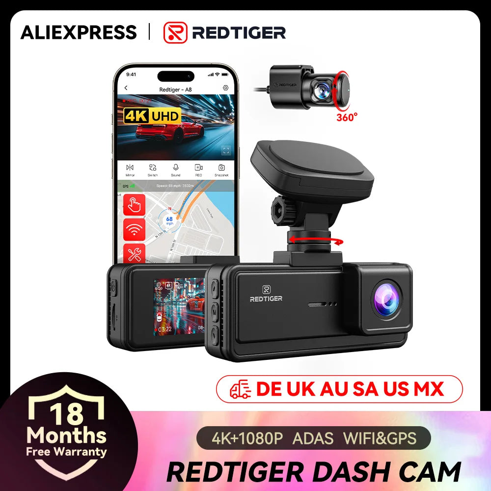 Redtiger 4K Front And Rear Dash Camera With Wifi Gps