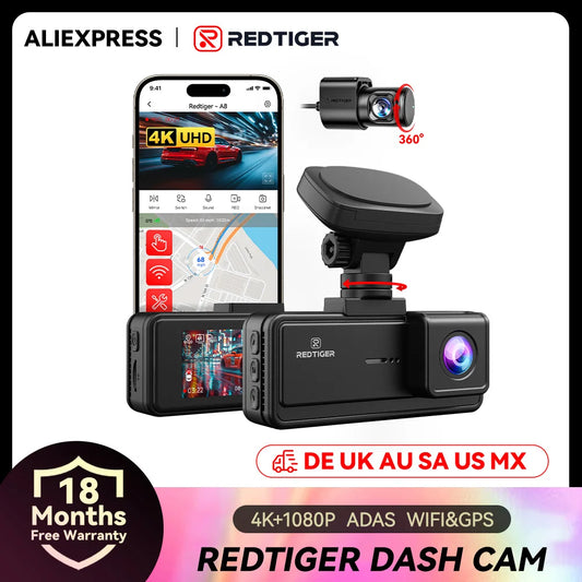 Redtiger 4K Front And Rear Dash Camera With Wifi Gps