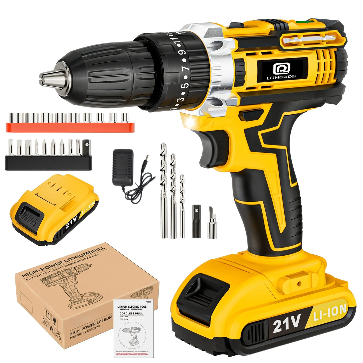 21v Cordless Drill Driver Kit With Led Light