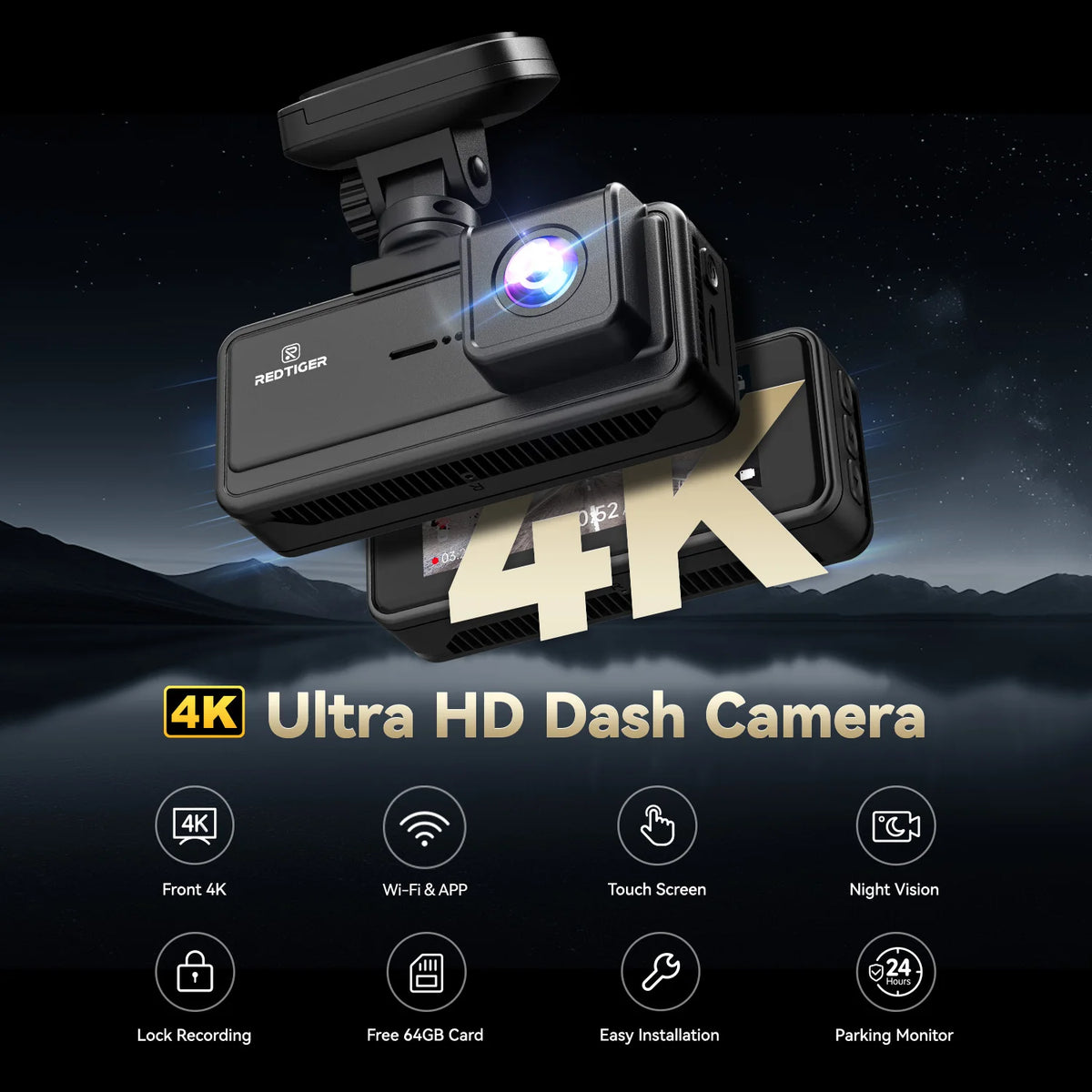 Redtiger 4K Front And Rear Dash Camera With Wifi Gps