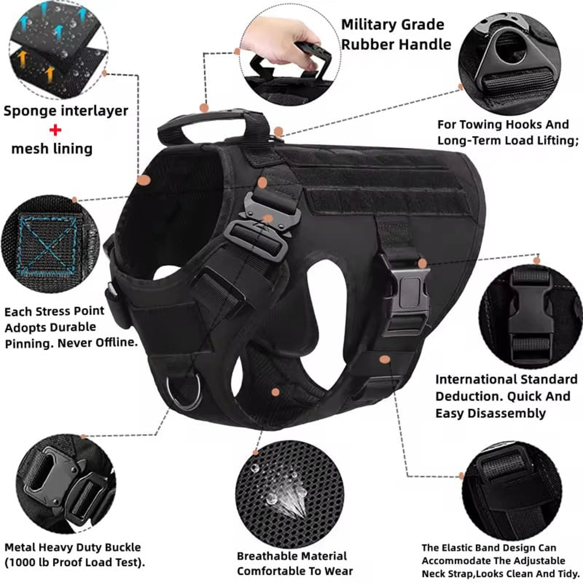 Nylon Tactical Dog Harness With Molle Pouches For Large Breeds