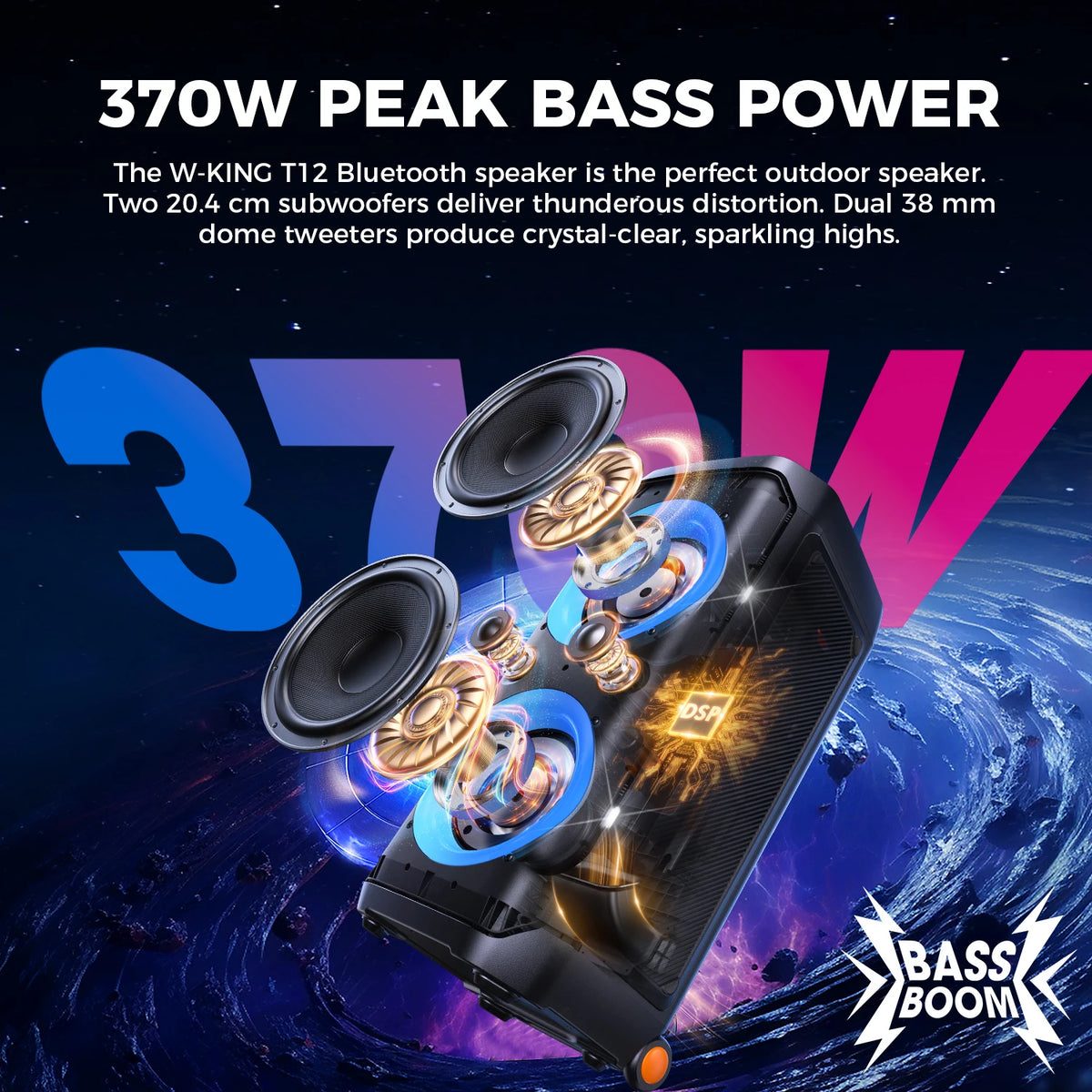 W-King T12 Portable Bluetooth Speaker 370W Max Power With Handle